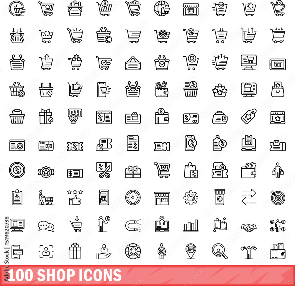 100 shop icons set. Outline illustration of 100 shop icons vector set isolated on white background 100 shop icons set. Outline illustration of 100 shop icons vector set isolated on white background