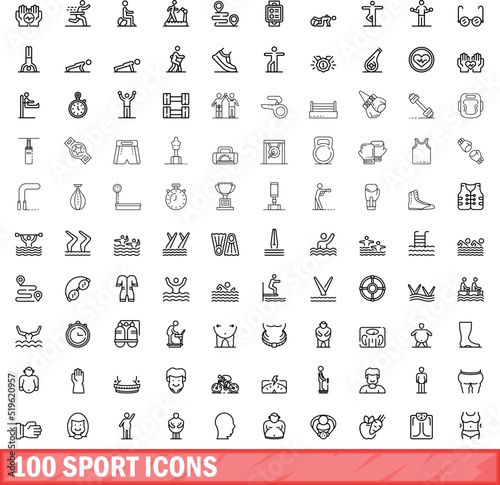 100 sport icons set. Outline illustration of 100 sport icons vector set isolated on white background