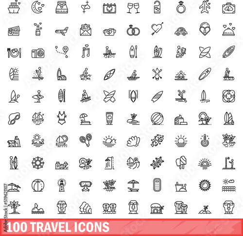 100 travel icons set. Outline illustration of 100 travel icons vector set isolated on white background