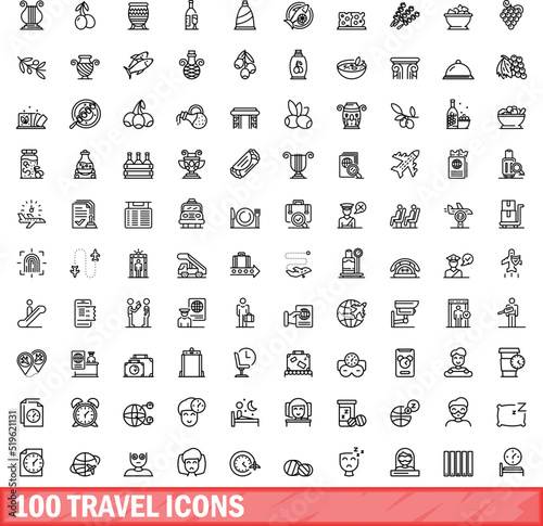 100 travel icons set. Outline illustration of 100 travel icons vector set isolated on white background