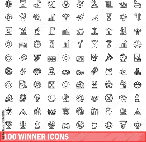 100 winner icons set. Outline illustration of 100 winner icons vector set isolated on white background