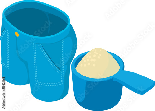 Wash jeans icon isometric vector. Washing powder in measuring spoon, blue jeans. Laundry, washing, housework