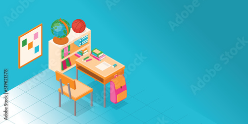 Isometric Interior Classroom With School Supplies, Vector