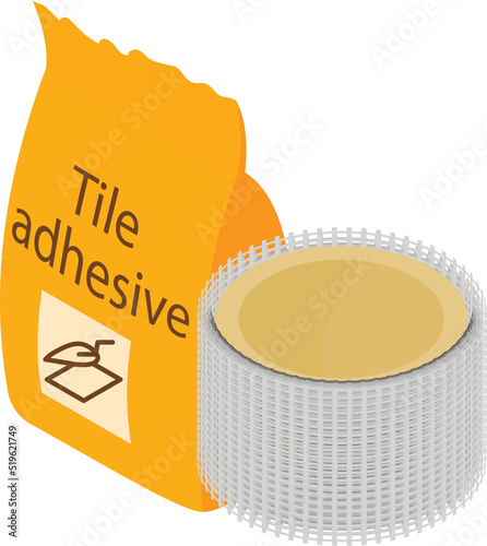 Construction material icon isometric vector. Tile adhesive and construction mesh. Building material, repair work