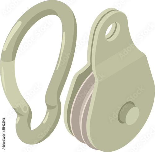 Climbing equipment icon isometric vector. Stainless steel carabiner, winch block. Alpinism, mountaineering and speleology concept