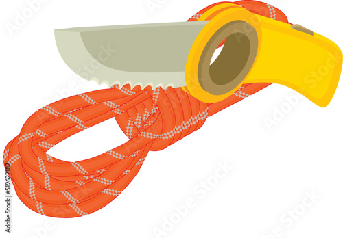 Climbing equipment icon isometric vector. Yellow climber knife and red rope icon. Alpinism, mountaineering and speleology concept