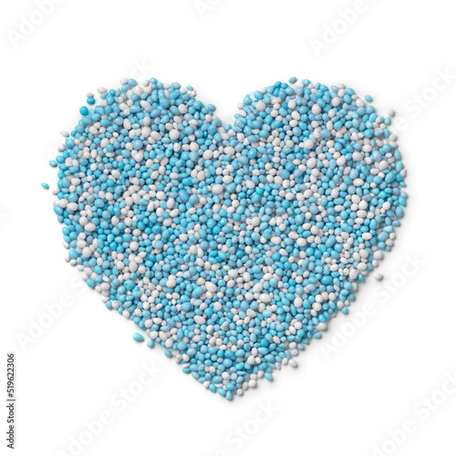 Traditional Dutch blue anise sprinkles in heart shape isolated on white background
