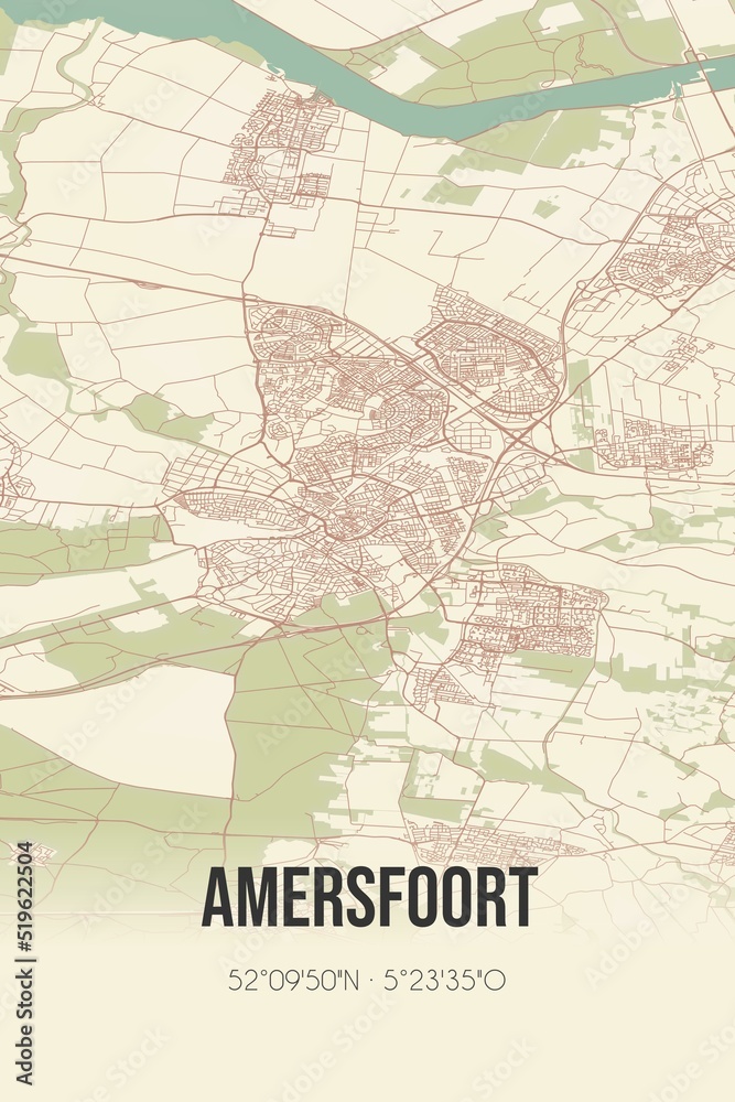 Amersfoort, Utrecht vintage street map. Retro Dutch city plan.