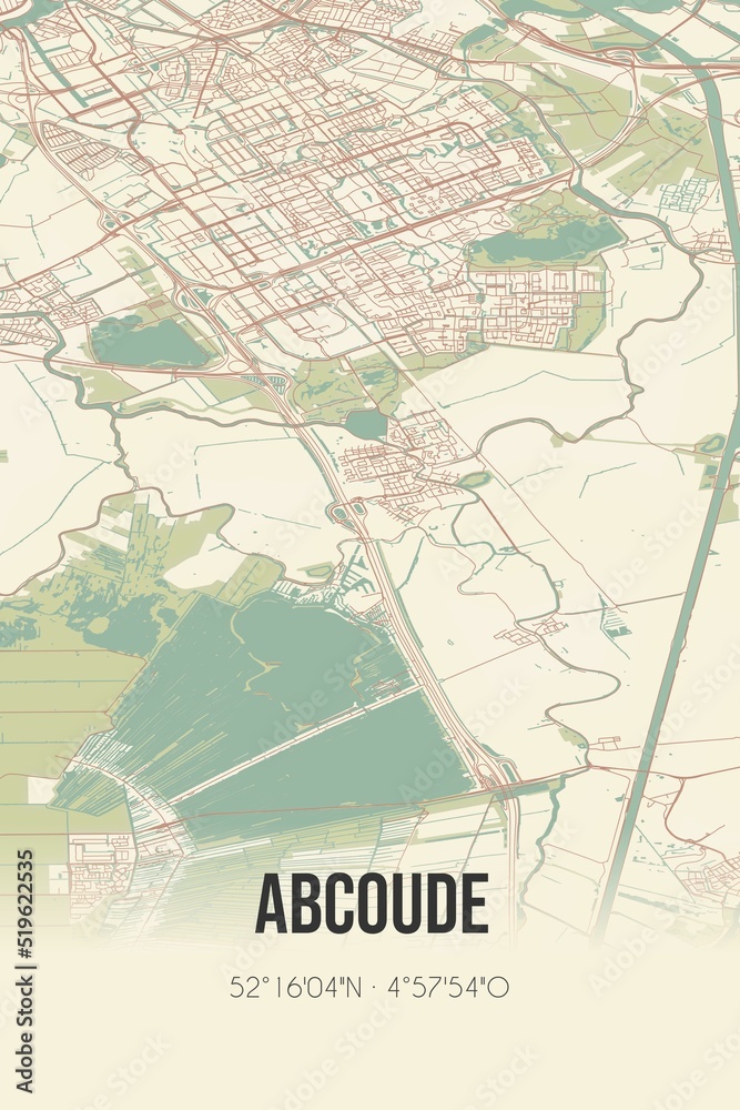 Abcoude, Utrecht vintage street map. Retro Dutch city plan.