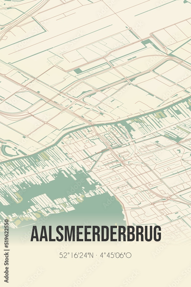 Aalsmeerderbrug, Noord-Holland, Schiphol region vintage street map. Retro Dutch city plan.