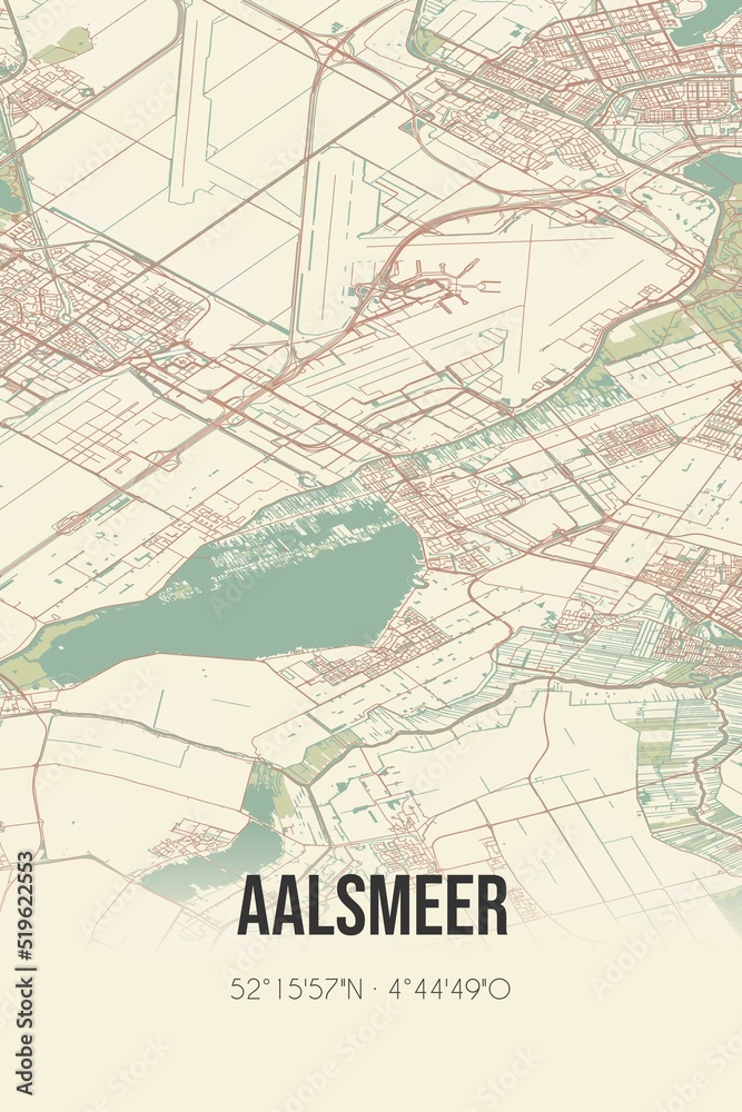 Obraz premium Aalsmeer, Noord-Holland vintage street map. Retro Dutch city plan.