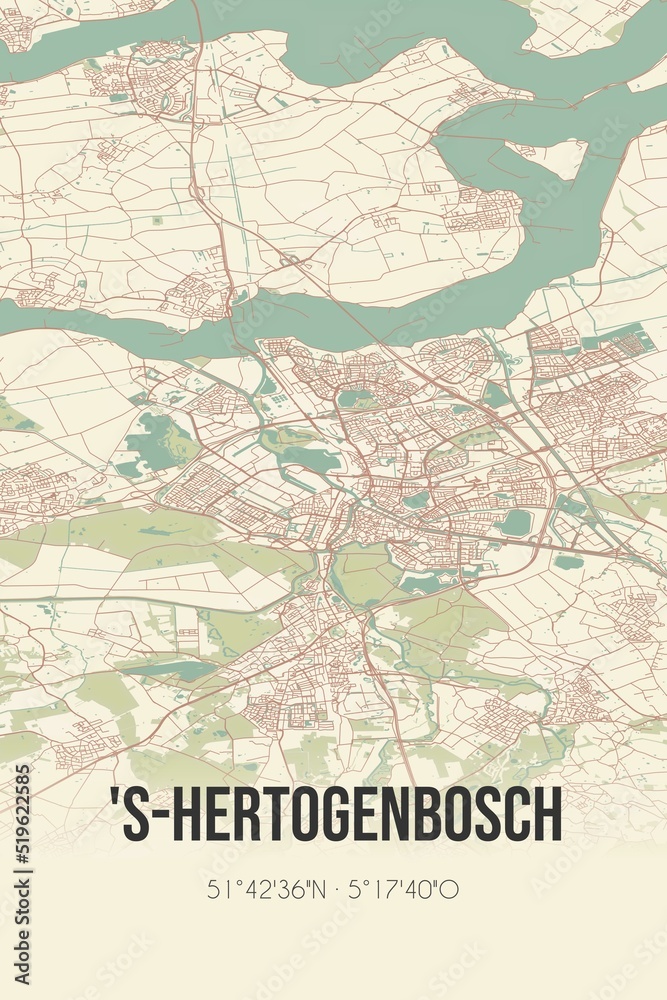 's-Hertogenbosch, Noord-Brabant vintage street map. Retro Dutch city plan.