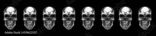 Pattern made of Hand drawn human skull on black background. horizontal banner ..