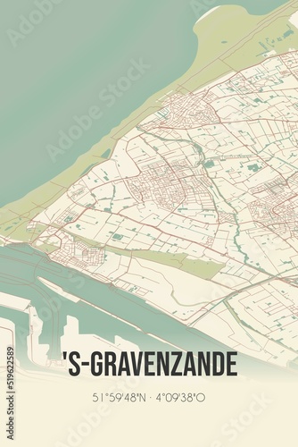 's-Gravenzande, Zuid-Holland vintage street map. Retro Dutch city plan.