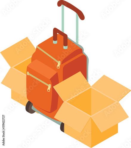 Travel accessory icon isometric vector. Suitcase on wheel and open cardboard box. Vacation and travel concept photo