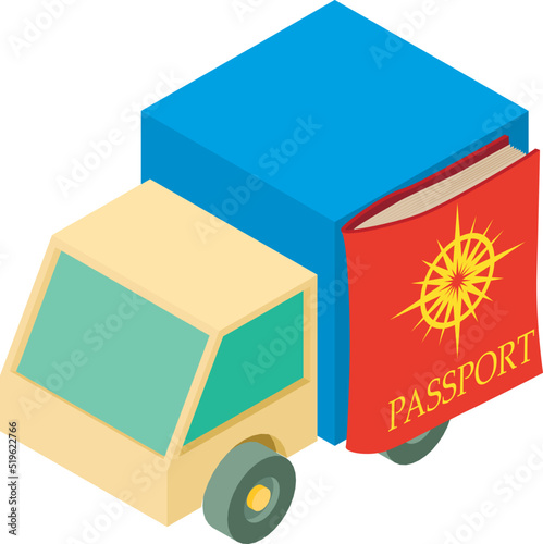 Ground transportation icon isometric vector. Delivery car, passport in red cover. Delivery, transportation, shipping