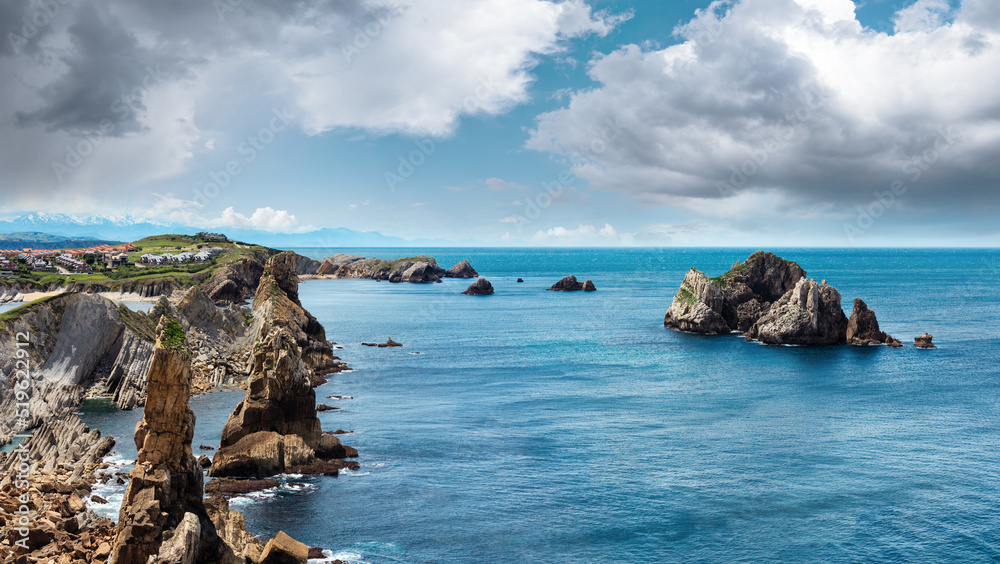 Beautiful Atlantic Ocean coastline landscape near Arnia Beach (Biskaya, Cantabria, Spain).