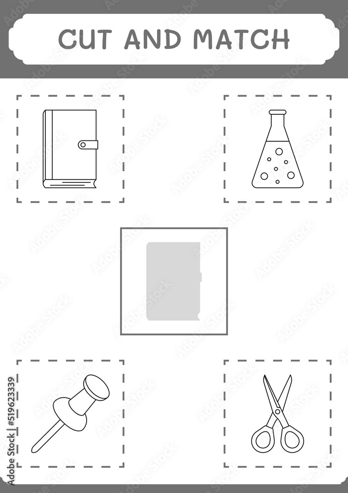 Cut and match parts of Notebook, game for children. Vector illustration, printable worksheet Cut and match parts of Notebook, game for children. Vector illustration, printable worksheet