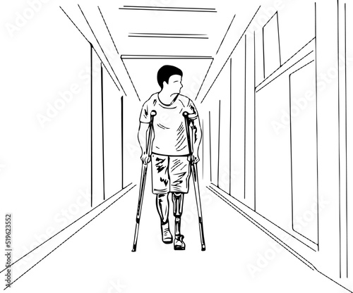 Sketch drawing of Disabled man coming out from hospital with prosthetic leg and walking stick, Line art illustration on iStock Man With Prosthetic Leg Using Parallel Bars Stock Photo photo