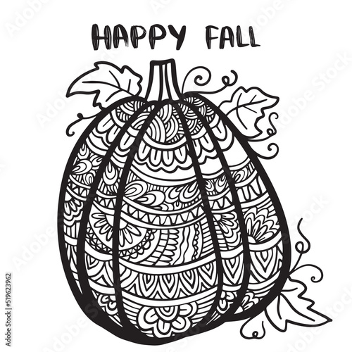 Vector hand drawn illustration of a pumpkin. Zen doodle and zen tangle autumn drawing with a pattern, anti-stress coloring, mosaic. Adult cololring page