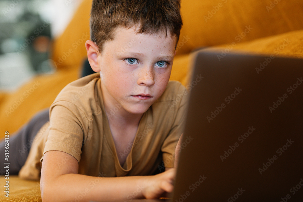 Boy lying on a sofa using the laptop Boy lying on a sofa using the laptop