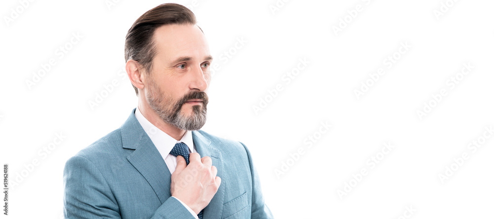 Man face portrait, banner with copy space. mature entrepreneur with grizzled hair in suit isolated on white copy space, elegance.
