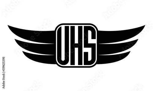 UHS three Letter wing minimalist creative concept icon eagle symbol professional black and white logo design, Vector template photo