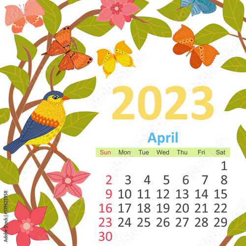 floral calendar 2023, april. colorful blooming frame with bird