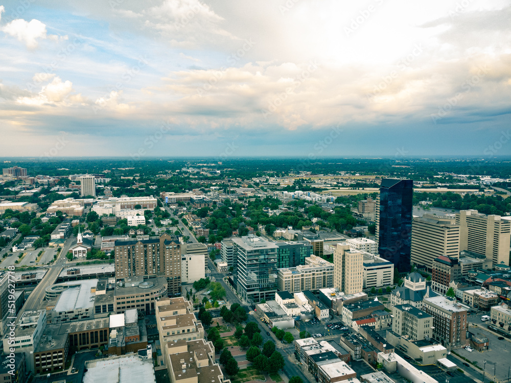 Aerial view of Lexington, Kentucky downtown area. Tall financial district office buildings at the middle of the image. University campus on the distance.