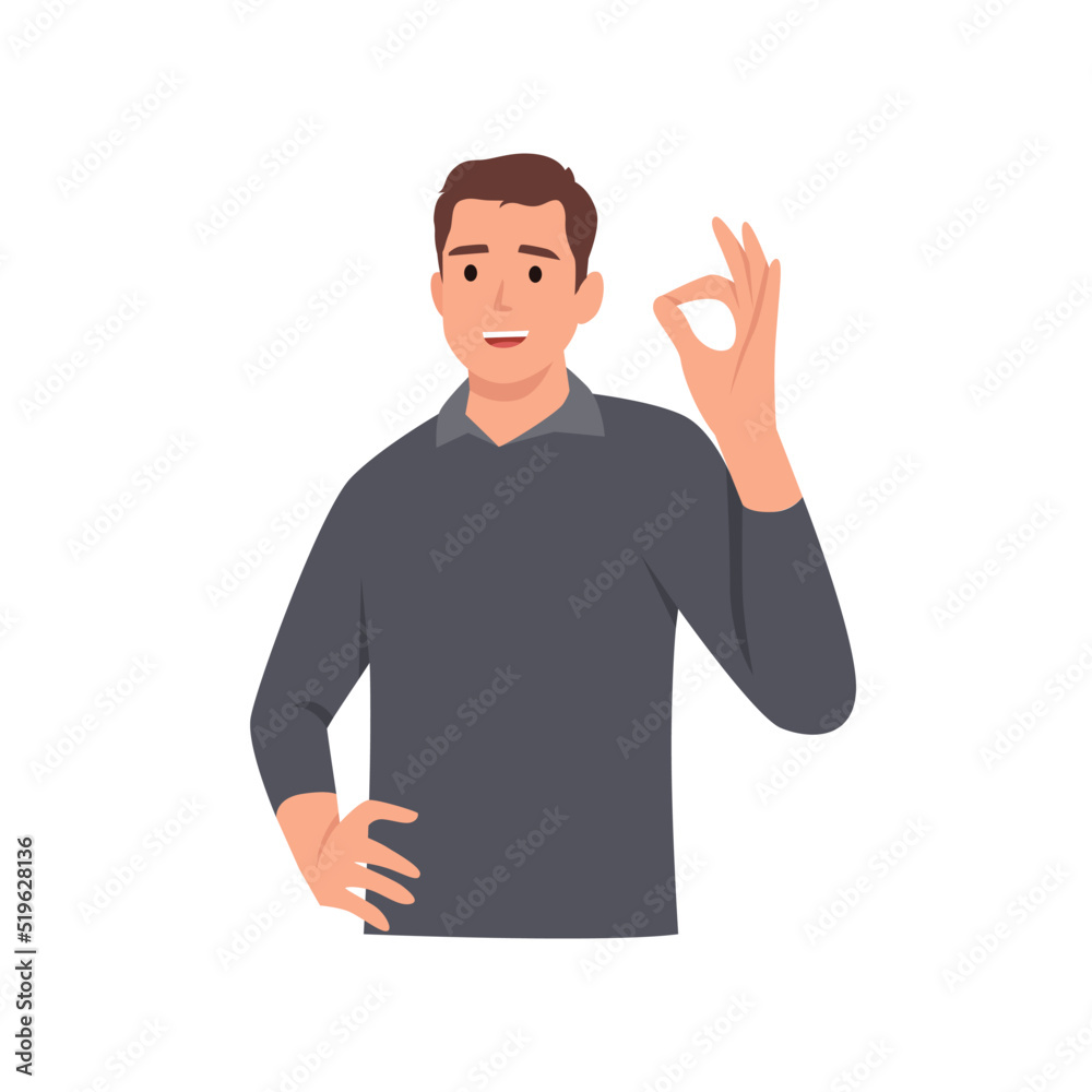 Young man with Ok sign and gesture language concept. Young smiling man cartoon character standing showing ok sign. Flat vector illustration isolated on white background Young man with Ok sign and gesture language concept. Young smiling man cartoon character standing showing ok sign. Flat vector illustration isolated on white background
