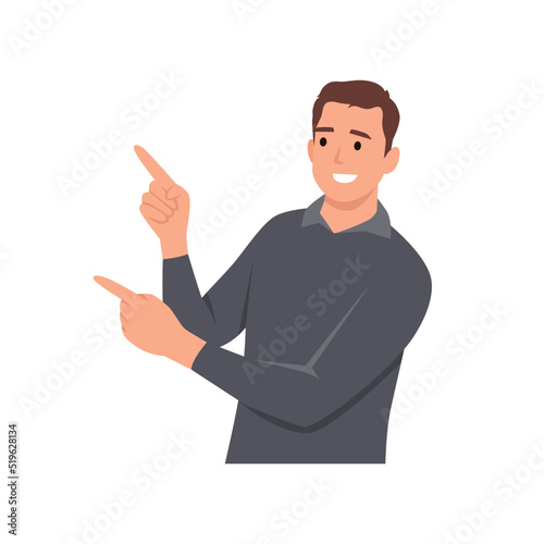 Young man with positive emotions and gesturing concept. Young smiling man cartoon character showing positive emotions and pointing with two hands and fingers to side vector isolated illustration