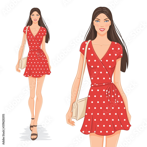 Vector fashion illustration of a beautiful, young, happy woman in a red dotted dress. A fashion model walking, isolated on white background.  A smiling girl in a summer outfit.