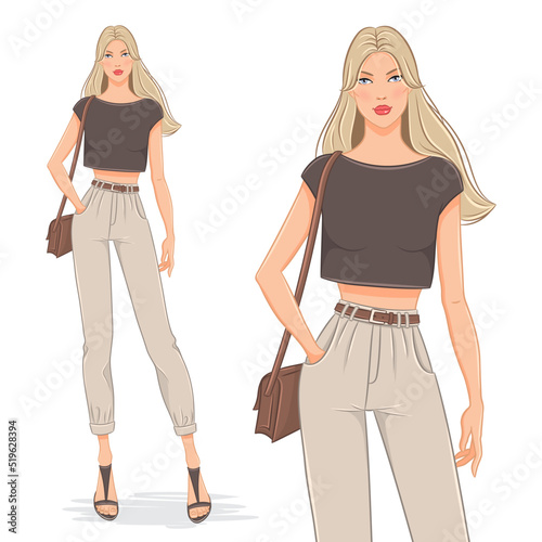 Vector fashion illustration of a beautiful young blonde woman in a summer outfit. Fashion model posing, isolated on white background.