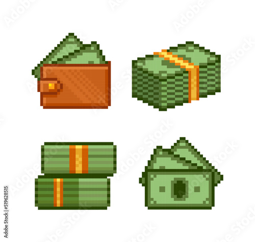 Pixel Art Cash Money vector icons set. Pixel wallet with bills, stack of banknotes, cash money. Pixel game money  icons in retro 80s - 90s style. Vector illustration