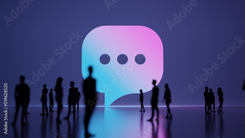 3d rendering people in front of symbol of rounded chat bubble on background