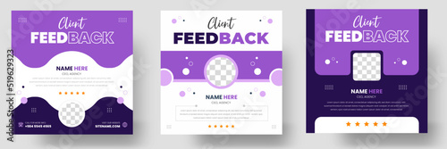 Customer feedback testimonial social media post web banner template. client testimonials social media post banner design template with purple color