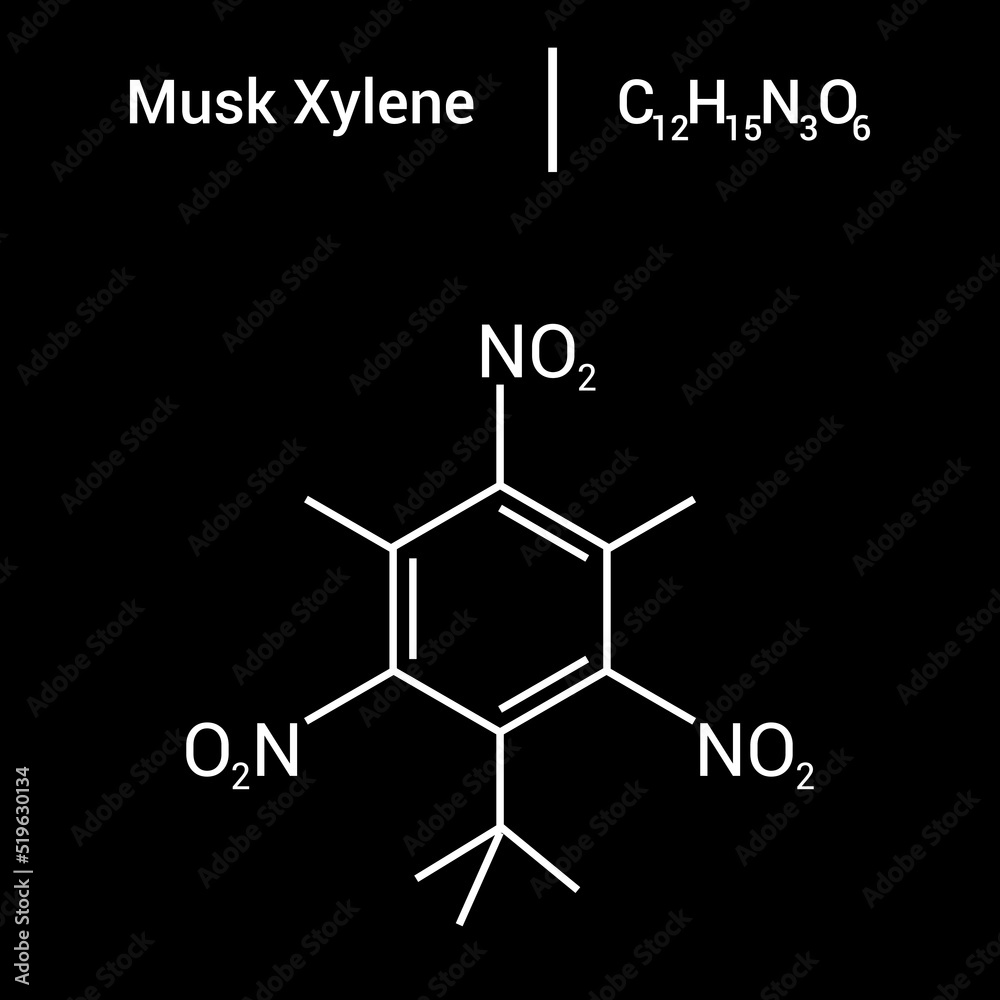chemical structure of Musk xylene (C12H15N3O6)