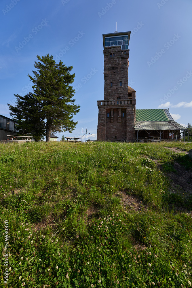 Tower (Hornisgrindeturm). Viewpoint in national park north black forest in front of blue sky in summer. Green meadow in foreground. Germany, Hornisgrinde. Tower (Hornisgrindeturm). Viewpoint in national park north black forest in front of blue sky in summer. Green meadow in foreground. Germany, Hornisgrinde.