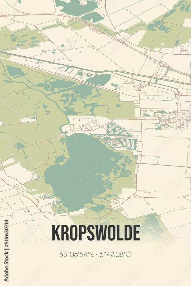 Kropswolde, Groningen vintage street map. Retro Dutch city plan.