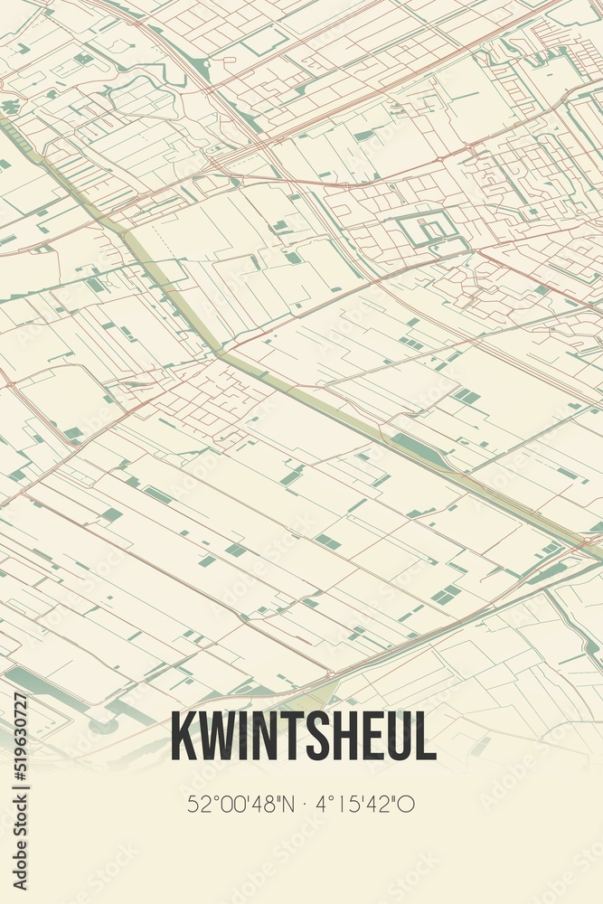 Kwintsheul, Zuid-Holland vintage street map. Retro Dutch city plan.