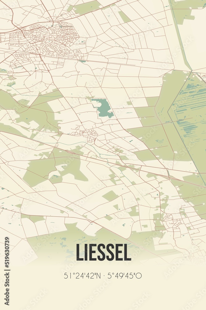 Liessel, Noord-Brabant, Peel region vintage street map. Retro Dutch city plan.