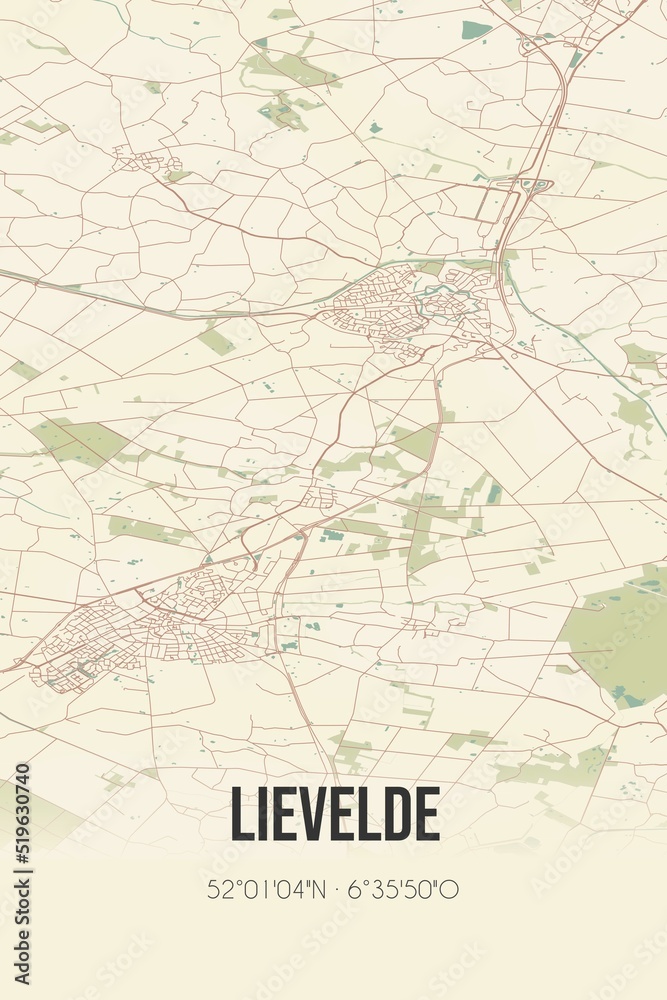 Obraz premium Lievelde, Gelderland, Achterhoek region vintage street map. Retro Dutch city plan.