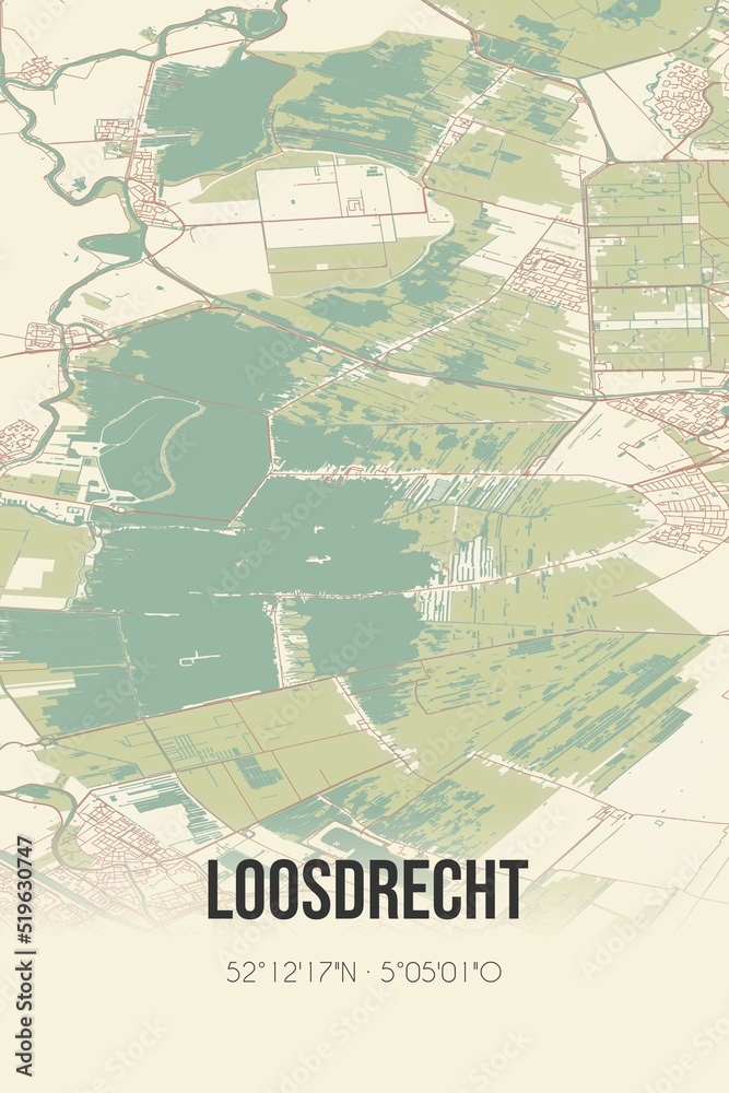 Loosdrecht, Noord-Holland vintage street map. Retro Dutch city plan.
