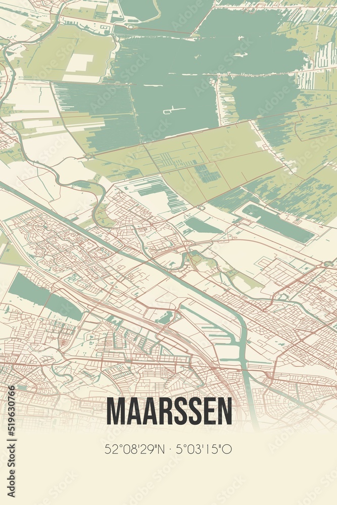 Maarssen, Utrecht vintage street map. Retro Dutch city plan.