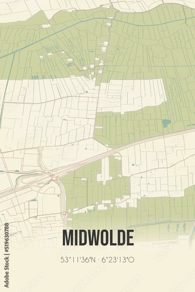 Midwolde, Groningen vintage street map. Retro Dutch city plan.