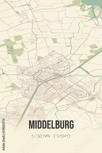 Middelburg  Zeeland vintage street map. Retro Dutch city plan.