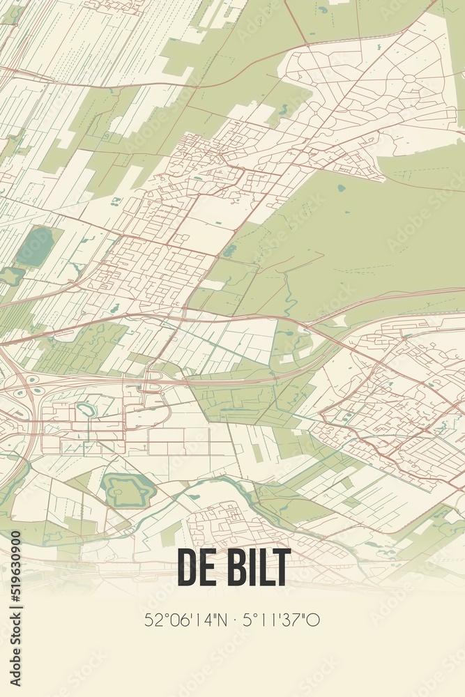 De Bilt, Utrecht vintage street map. Retro Dutch city plan.