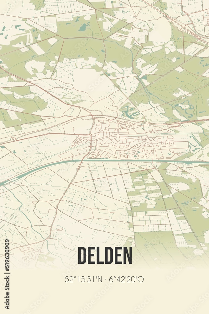 Delden, Overijssel, Twente region vintage street map. Retro Dutch city plan.