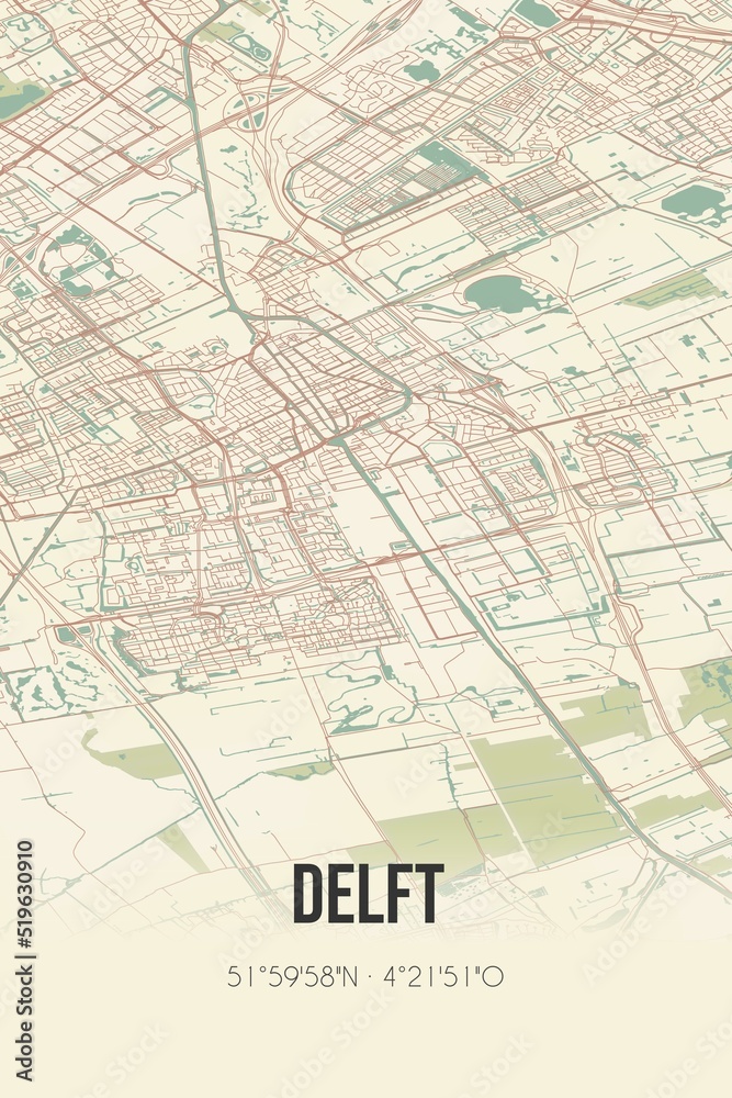 Delft, Zuid-Holland, Randstad region vintage street map. Retro Dutch city plan.