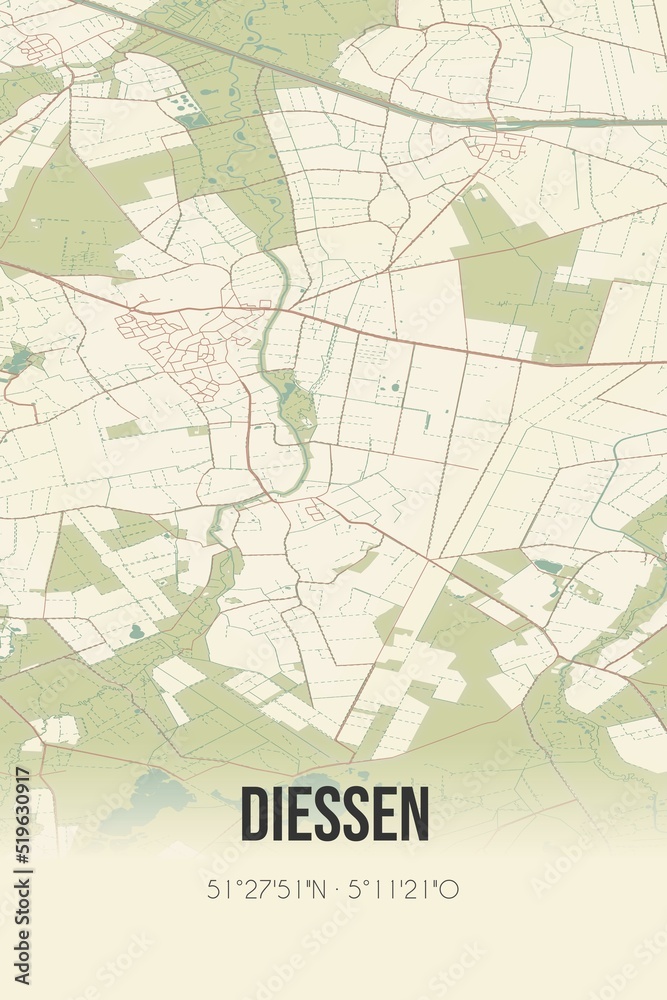 Diessen, Noord-Brabant vintage street map. Retro Dutch city plan.